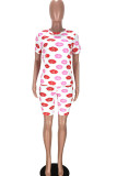 Red Cotton Fashion Sexy adult Ma'am Patchwork Print Character Two Piece Suits Lips Print Straight Short Sleeve Two Pieces