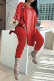 Red Elegant Solid Slit O Neck Long Sleeve Two Pieces