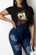 Black Casual Character Patchwork O Neck Tops