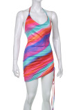 Multi-color Sexy Print Backless Fold Asymmetrical Spaghetti Strap Mini Dress Dresses