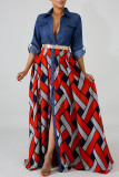 Red Fashion Casual Print Patchwork Turndown Collar Long Sleeve Dresses