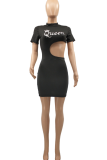 Black Sexy Print Hollowed Out Half A Turtleneck Pencil Skirt Dresses