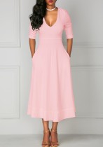 Pink Brief Cute V-Neck Half Sleeve Loose Long Club Dresses
