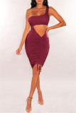 Blue Fashion Sexy Solid Hollowed Out One Shoulder Sleeveless Dress