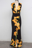 Black yellow Sexy Long Sleeves V Neck pleated Floor-Length Print Patchwork Dresses