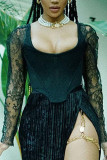 Black Sexy Solid Split Joint O Neck Mid Waist Tops