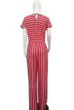Black Fashion Casual Print Striped Patchwork bandage Polyester Short Sleeve O Neck Jumpsuits