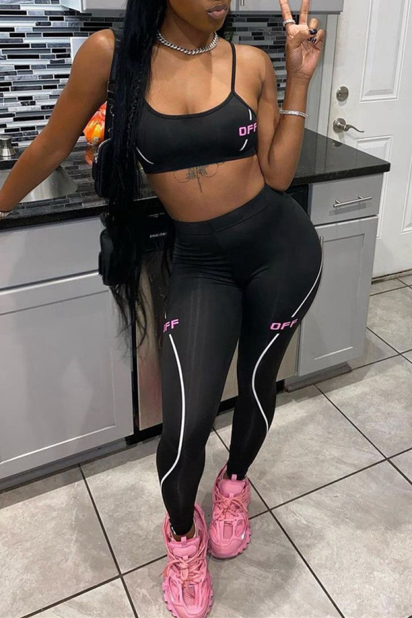 Black Sexy Casual Letter Print Basic O Neck Sleeveless Two Pieces