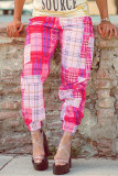 Pink Fashion Casual Plaid Print Basic Regular Mid Waist Trousers