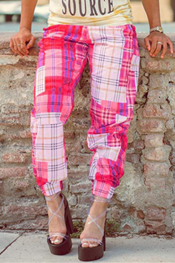 Pink Fashion Casual Plaid Print Basic Regular Mid Waist Trousers