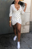 White Fashion Sexy Dot Print Asymmetrical V Neck Long Sleeve Dress
