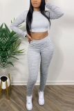 Red Casual Solid Fold O Neck Long Sleeve Two Pieces