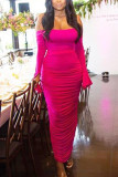 rose red Fashion Daily Adult Solid Fold Bateau Neck Long Sleeve Floor Length A Line Dresses