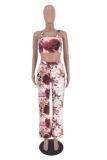 Red Polyester Fashion Sexy crop top Slim fit Two Piece Suits asymmetrical Print Regular Short Sleeve Tw