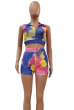 Blue Sexy Print Patchwork Turndown Collar Sleeveless Two Pieces
