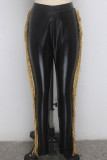 Black PU Zipper Fly Mid Tassel Solid Zippered Skinny Pants Pants