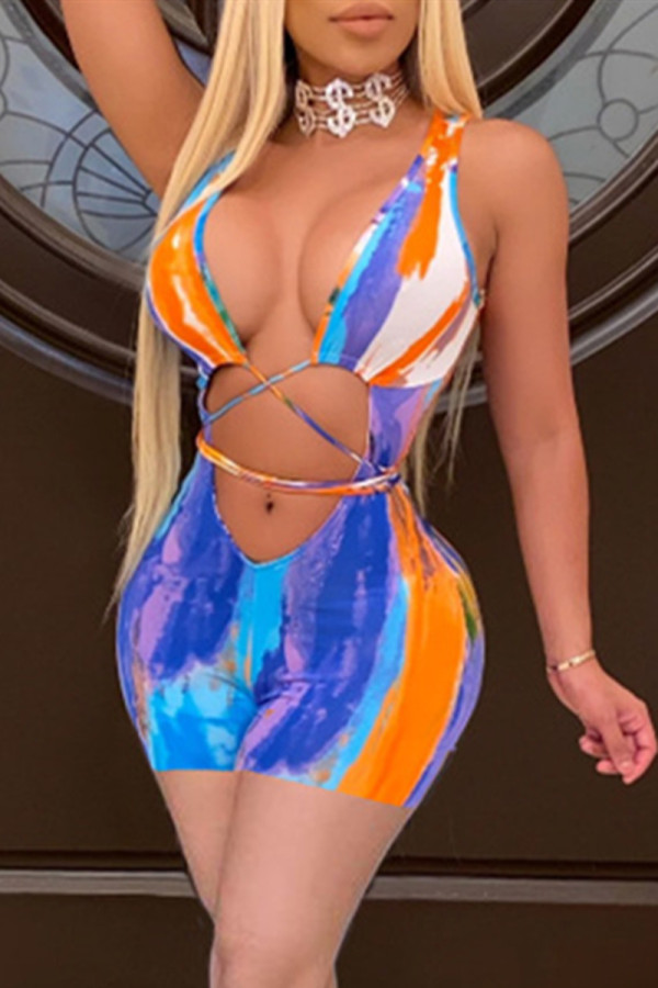 Multicolor Fashion Sexy Print Hollowed Out V Neck Skinny Romper