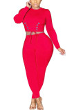 Red Fashion Casual Adult Solid Bandage O Neck Long Sleeve Regular Sleeve Short Two Pieces