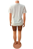 Yellow Fashion Active adult Leopard Patchwork Print Two Piece Suits Lips Print pencil Short Sleeve Two Pieces