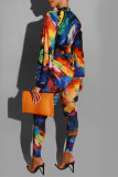 Blue Fashion Casual Print Basic Long Sleeve Two Pieces