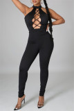 Light Pink Sexy Casual Solid Hollowed Out Backless O Neck Skinny Jumpsuits