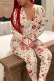 Red Casual Print V Neck Skinny Jumpsuits