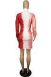 Red Sexy Polyester Gradual Change Print Turndown Collar Long Sleeve Mini Pencil Skirt Dresses