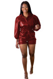 Wine Red PU Fashion adult Sexy Bandage Solid Two Piece Suits Patchwork Straight Half Sleeve 