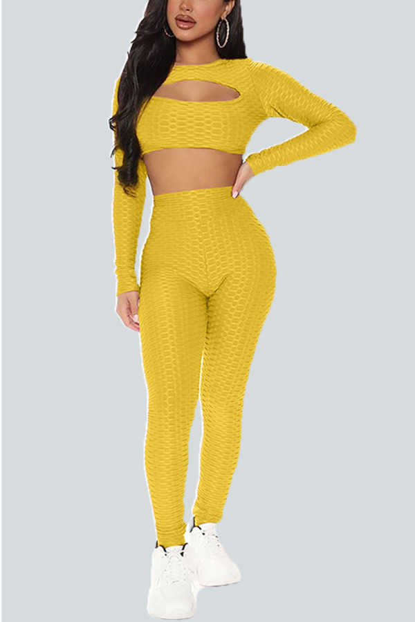 Yellow Sexy Solid Hollowed Out O Neck Long Sleeve Two Pieces
