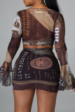 Black Sexy Print Bandage V Neck Long Sleeve Two Pieces