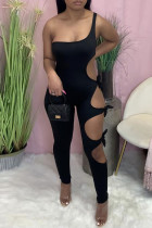 Black Sexy Solid Hollowed Out Backless One Shoulder Skinny Jumpsuits