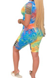 Yellow Polyester Fashion Sexy Print Tie Dye Burn-out Two Piece Suits pencil Short Sleeve Two Pieces