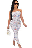 White Sexy Print Draped Polyester Sleeveless Wrapped Jumpsuits
