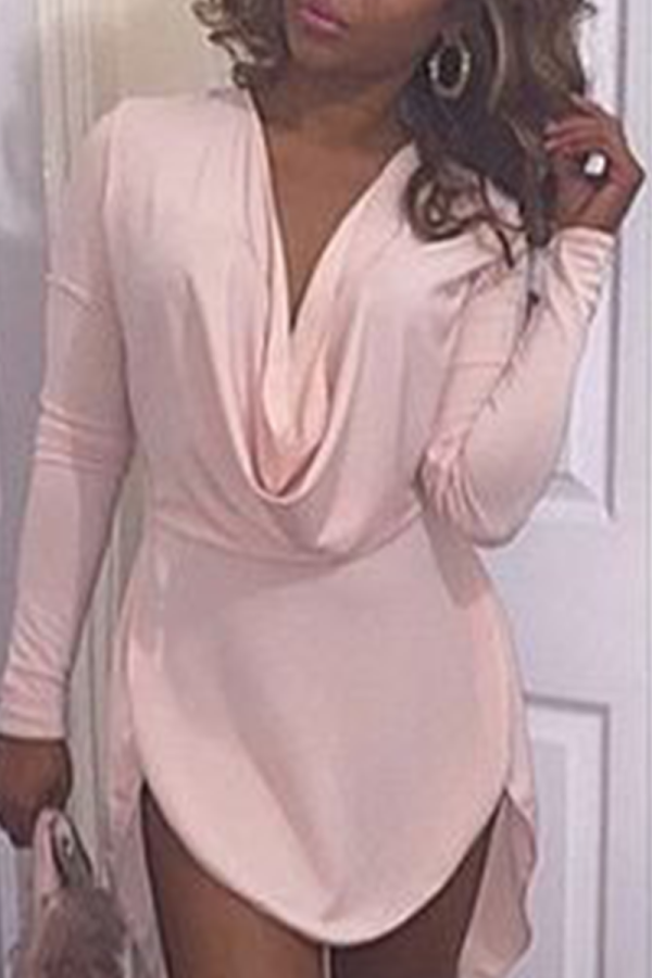 Pink Sexy Solid Patchwork V Neck Irregular Dress Dresses