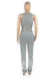 Grey Casual Sportswear Solid Fold Pants O Neck Sleeveless Two Pieces