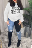 White Casual Letter Print Patchwork O Neck Tops