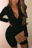 Grey Fashion Casual Solid Basic Zipper Collar Long Sleeve Skinny Romper