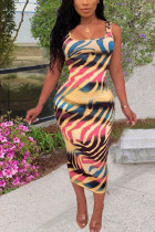 multicolor Polyester Fashion adult Ma'am OL Tank Sleeveless Slip Step Skirt Mid-Calf Print Dresses