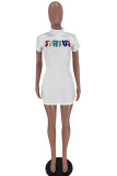 White Fashion Casual Letter Embroidered O Neck Short Sleeve Dress