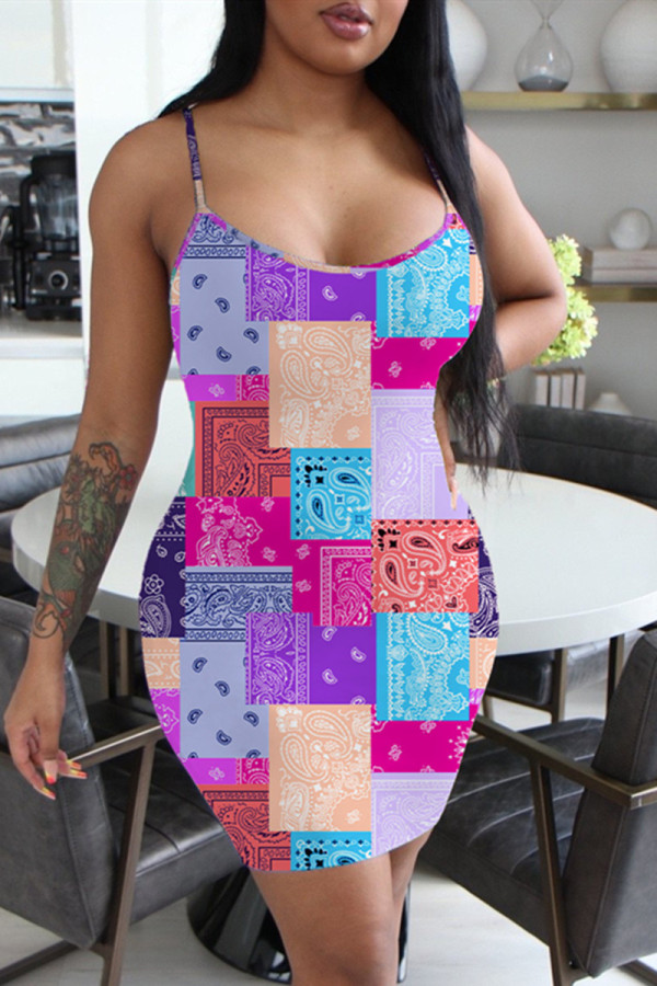 Orange Fashion Casual Print Backless Spaghetti Strap Sleeveless Dress Dresses