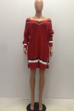 Red Sexy Spandex Acrylic Knitting Striped Patchwork Print Solid Patchwork Frenulum V Neck Long Sleeve Knee Length Wrapped Skirt Dresses