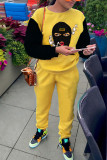 Yellow Street Print Patchwork O Neck Long Sleeve Two Pieces