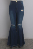 Blue Denim Button Fly Sleeveless High Patchwork Hole Solid Boot Cut Pants Pants
