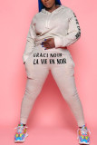 Grey Casual Print Patchwork Hooded Collar Long Sleeve Two Pieces