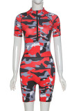 Red Sportswear Print Camouflage Print O Neck Regular Jumpsuits