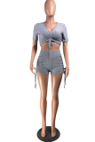 Grey Sexy Solid Patchwork Draw String V Neck Short Sleeve Two Pieces