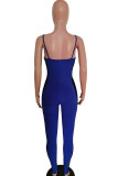 Blue Fashion street Patchwork Mesh Solid Cotton Sleeveless V Neck Jumpsuits