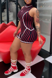 Red Sexy Striped Patchwork Turtleneck Skinny Rompers