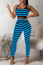 Blue Sexy Striped Split Joint Spaghetti Strap Regular Jumpsuits