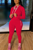 rose red Fashion Sexy Adult Polyester Solid Split Joint Fold Hooded Collar Long Sleeve Regular Sleeve Regular Two Pieces